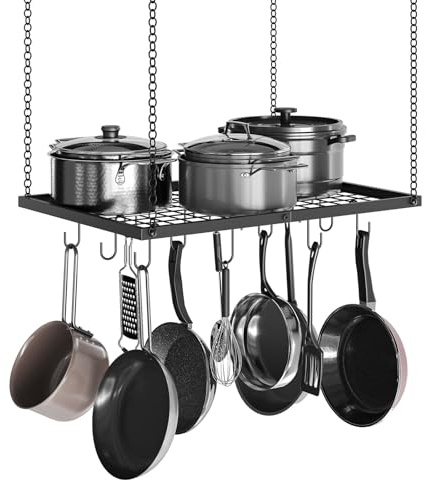 CHOEZON Küchenregal Hängend, Topfregal, Deckenregal, Metall, mit 12 Haken, für Küche, Esszimmer, Kochgeschirr, Essgeschirr, 60,2 x 40 x 2 cm, Schwarz DTPR03BB