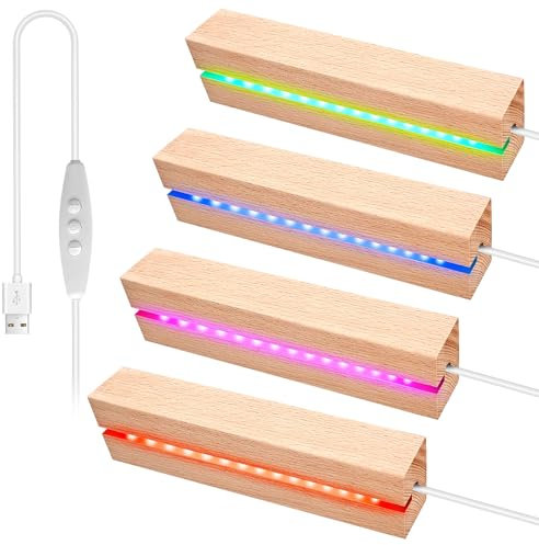 Juego de 4 zócalos luminosos LED de madera, zócalos de madera con LED, zócalos de madera LED, cuadrado de base luminosa LED, base luminosa de madera, base de presentación colorida para bolas de