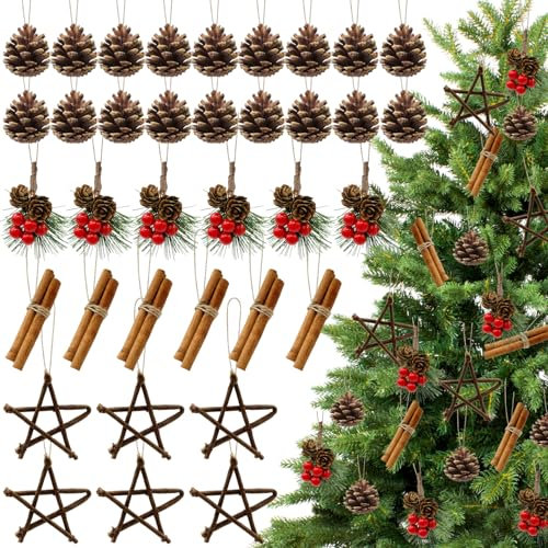 36Pcs Christmas Tree Decorations Natural Pine Cones Christmas Rustic Ornaments Cinnamon Sticks Wooden Star Framhouse Christmas Hanging Ornament for Christmas Tree DIY Home Wedding Decor