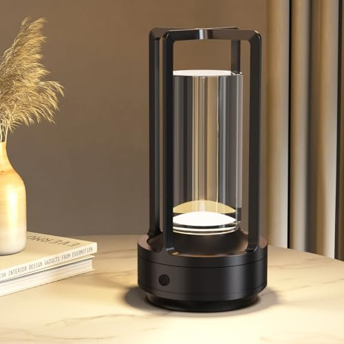 Hapfish Rechargeable Cordless Table Lamp for Living Room, 3000mAh Small Battery Operated Powered Lamps, 3 Color Modes Dimmable, LED Crystal Desk Lamp for Restaurant/Bedroom/Indoor/Outdoor (Black)