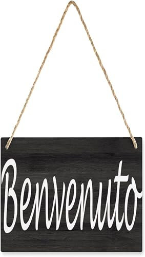 Benvenuto Holzschild zum Aufhängen, italienisches Willkommensschild, Wandkunst, Dekor, dekoratives Schild für Haus, Familie, Wohnzimmer, Schlafzimmer, Küche, 33 x 33 cm