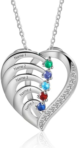 Grovjewfit Personalisierte Damen Halskette Mit Name, Herz Anhänger Kette Mit Geburtssteinen, 2-5 Namen Weihnachten Muttretag Als Geschenk Für Mama, Oma