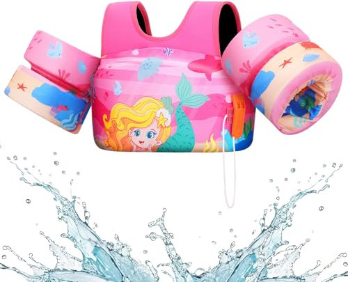 HeySplash Schwimmflügel Kinder, Cartoon Kein Aufblasen Schwimmweste mit 2 Sicherheitsschnalle Schwimmreifen Pool für Kinder 3-7 Jahren, Aufblasbare Schwimmwesten Fit für 31-66 Lbs