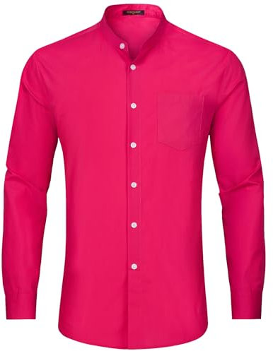 HISDERN Chemise Fushia Homme Manches Longues Élégants Chemise Col Mao pour Homme Coupe Droite pour Mariage Business & Bureau M