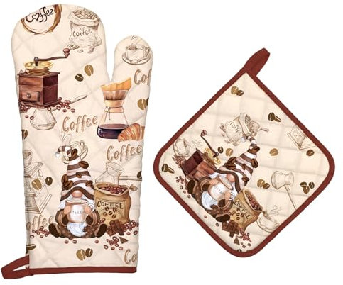 Arquiel Coffee Gnome Oven Mitts and Pot Holders -100% Cotton, Heat Resistant Extra Long Oven Gloves & Hot Pads for Cooking BBQ Grilling Baking Gift, Set of 2
