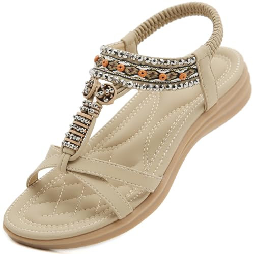 Acfoda Sandali Donna Estive Piatto Eleganti Infradito Bohemia Sandalo de Spiaggia Casual Comodi Scarpe Bassi Ortopedici Strass Sandale Beige 38