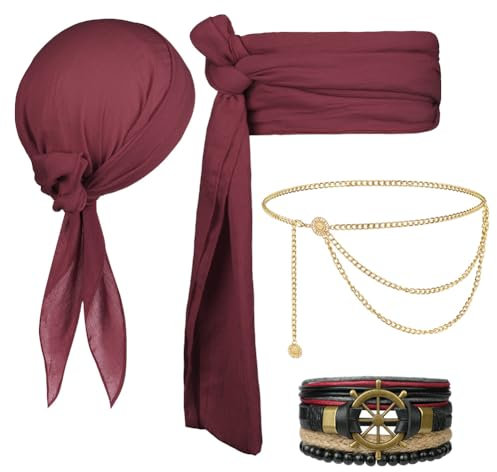 Alaoo Piraten Accessoires Set, 4 PCS Piraten Stirnband Taillengürtel,Piraten-Design-Accessoires für Karneval, Cosplay, Party, Halloween Kinder Frauen Männer