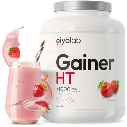 GAINER HT | Proteine Whey + Isolate + Maltodextrine | Gainer Prise de Masse Musculation | 5 Sources de Protéines + 2 Sources de Glucides + MCT | Boisson Shaker Goût Fraise | 2,27kg | Eiyolab