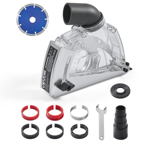 VEVOR Cutting Dust Shroud for Angle Grinders, Universal 4-5 in Angle Grinder Dust Shroud with 6 Clamping Washers & 5 in Diamond Grinding Cup Wheel, Adjustable Cutting Depth, Connect to Vacuum Cleaner