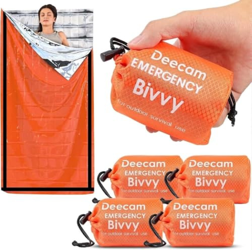 Deecam Nödsovsäck, Bivacksäck för nödfall, överlevnadsutrustning, köldskydd överlevnadssäck för vandring, resor, utomhusaktiviteter och backpacking (4-pack, orange)