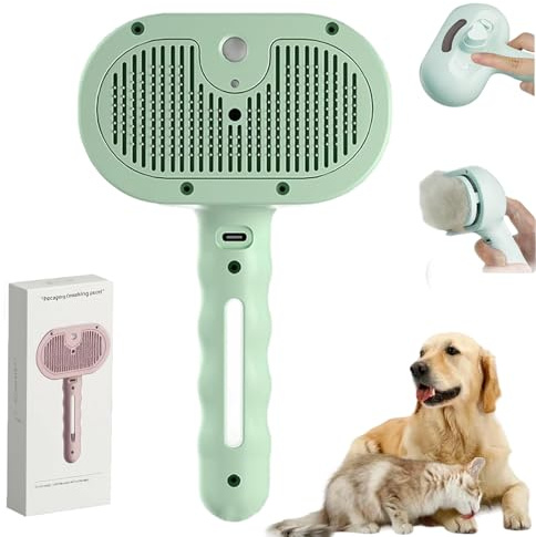 Fellmoment Dampfbürste, Fellmoment 3-in-1 Dampf-Haustierbürste, Selbstreinigende Katzenbürste Zum Haaren, Sanfter, Hygienischer Für Hunde Und Katzen (Grün-mit blauem Lichtspray,Ohne Serum)