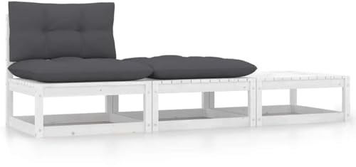 QJBSAVVA 3-Teiliges Garten-Lounge-Set aus massiver Kiefer Weiß mit Anthrazit-Kissen 70 x 70 cm kleine Outdoor Couch platzsparend für Balkon Terrasse und Garten