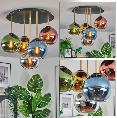 HOFSTEIN Deckenleuchte Koyoto, 5-flammige Deckenlampe aus Metall/Glas in Schwarz/Messing/Blau/Grün/Gold/Kupfer/Chrom/Rauch, Leuchte im Retro/Vintage-Design, E14, Esszimmer, Wohnzimmer, Schlafzimmer