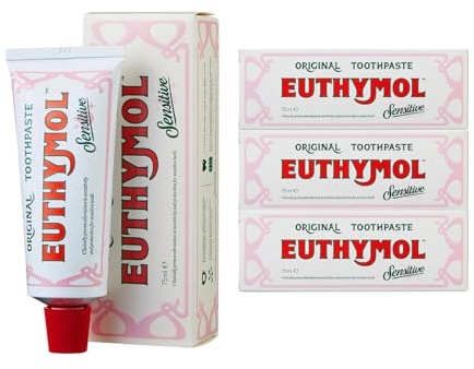 Euthymol Sensitive Zahnpasta 75 ml x 3, Fluorid-Zahnpasta für empfindliche Zähne, Plaque-Entfernung, Karies-Schutz, antibakteriell, glutenfrei, Thymol & Menthol, erfrischt den Atem, sanfte Zahnpflege