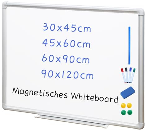 DEVELOP Magnetisches Whiteboard 60x90 cm mit Aluminiumrahmen, Starke, langlebige Tafel für Wandmontage, Inkl. 4 Magnete, Boardmarker, Schwamm, magnetisches Lineal, Für Büro, Schule & Zuhause