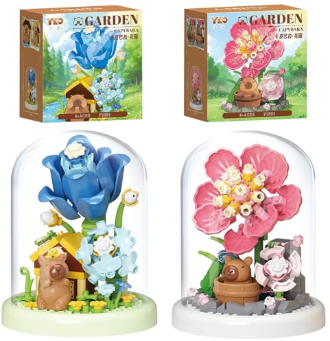 FCXVXCL Construction Fleurs Housse 2 Pièces Kit de Blocs Fleurs Décoration Capybara Tulipes, Gardenia et Plantes Accessoires Décoratifs Créatifs pour la Maison Bouquet Cadeau