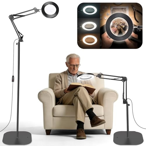 10X & 20X Magnifying Glass with Light and Stand, 60 LED 3 Colour Modes& 10 Brightness,Magnifying Lamp with Clamp & Dual Lens for Reading,Crafting, Sewing, Hobbies,Seniors–Magnifying Glass on Stand
