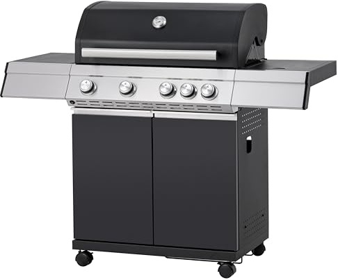 Tarrington House Barbecue a Gas con 4 Bruciatori Principali + 1 Laterale Paxton, Area Cottura 41 × 71 cm, Tavolino, on Ruote, acciaio, Nero Opaco