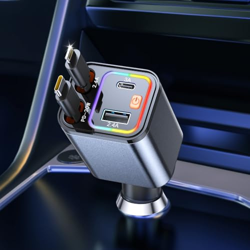 Auto Ladegerät Zigarettenanzünder USB C 4 in 1 69W, KFZ Ladegerät mit 2 einziehbaren Kabeln (Type C & Lightning), USB Zigarettenanzünder Adapter mit LED Licht, 180° Drehbar, Schnellladung 12V/24V