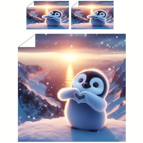 WSFST Pinguin Bettwäsche 135x200 cm Kinder Mikrofaser – Süße Bettwäsche mit Cartoon Pinguin Motiv, Bettbezug 135x200 & Kissenbezug 80x80, Weich & Pflegeleicht mit Reißverschluss