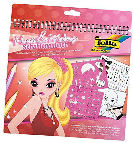 folia 41206 - Schablonenbuch Haar & Make-Up, Block mit 36 Malvorlagen, 5 Schablonen und 1 Stickerbögen - ideal für Mädchen