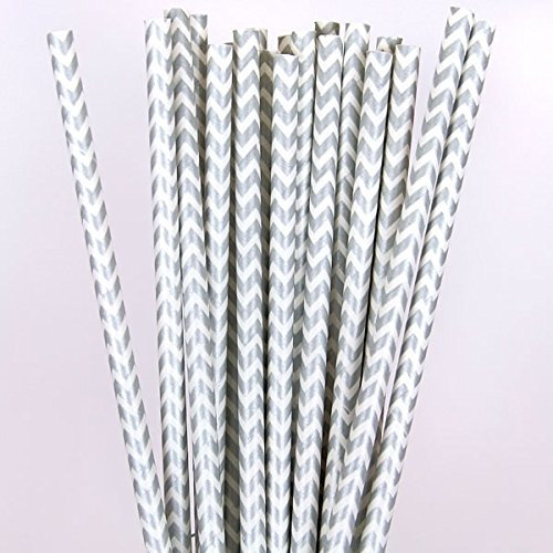Premium Paper Straws [Pack of 25 Drinking Straws] by Picture Perfect Party (Silver Chevron)