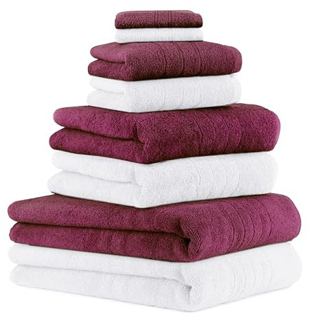 Betz 8er Set Handtücher Handtuch Deluxe 100% Baumwolle 2 Badetücher 2 Duschtücher 2 Handtücher 2 Seiftücher Farbe weiß und Pflaume