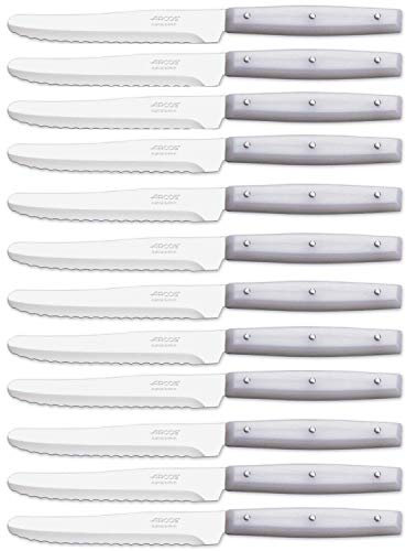 Arcos Serie Cuchillos de Mesa Caja 12 uds Cuchillo Postre, Hoja Serrada de Acero Inoxidable NITRUM de 110 mm, Mango de Nylon Color blanco (12 UDS)