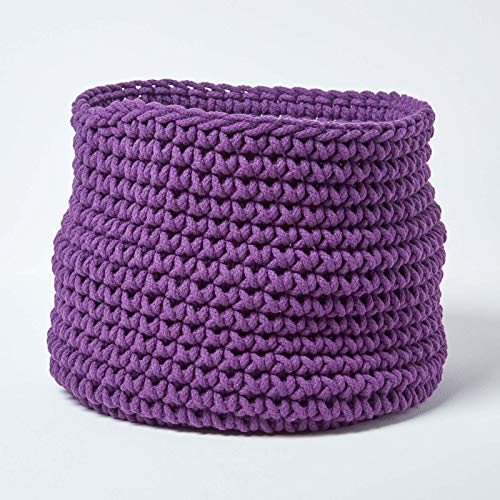 HOMESCAPES gestrickter Aufbewahrungskorb in violett, runder Strickkorb/Stoffkorb 42 x 37 cm aus 100% Baumwolle mit Grobstick-Optik, lila