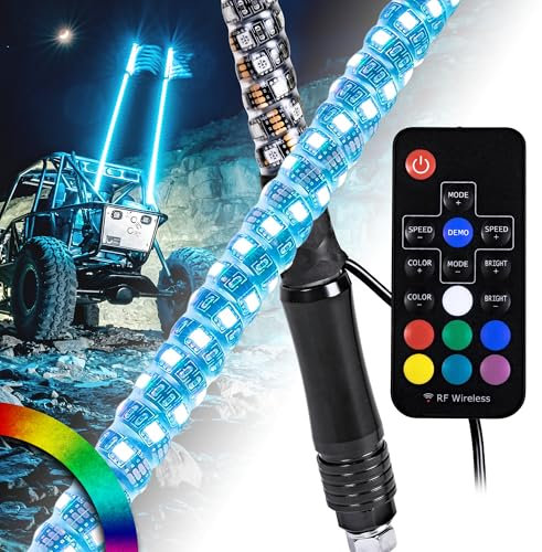 True Mods Lot de 2 fouets lumineux à LED RVB en spirale pour VUTT, ATV [télécommande sans fil RF] Drapeau étanche à LED pour RZR Can-Am Polaris SxS 4x4 Quad Dune Buggy 4 roues Accessoires