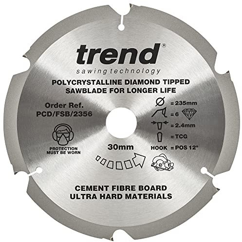Trend PCD Fibre Cement Circular Saw Blade, 235mm Diameter, 30mm Bore, 6 Teeth, 2.4mm Kerf, +12° Hook, PCD, Coarse Finish, PCD/FSB/2356