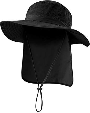 Decentron Outdoor UPF50+ Mesh Sun Hat Wide Brim Fishing Hat with Neck Flap (Black)