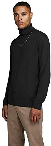 JACK & JONES Herren Dünner Rollkragen Strickpullover | Klassischer Rundhals Sweater | Langarm Basic JJEEMIL, Farben:Schwarz, Größe Pullover:XL