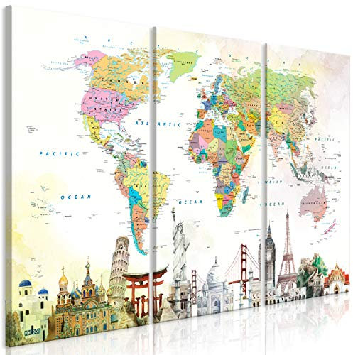 decomonkey Bilder Weltkarte 90x60 cm 3 Teilig Wandbild Groß Leinwandbild XXL Deko Wohnzimmer Schlafzimmer Büro Wanddeko Leinwand Pictures For Wall Poster Wall Painting Abstrakt Welt Architektur