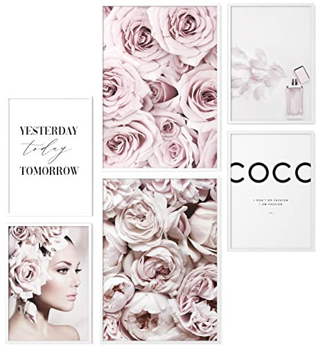 Papierschmiede® Mood Poster Set Coco Flowers, Bilder Wohnzimmer Deko Schlafzimmer, 2x DIN A3 und 4x DIN A4, Glamour Lifestyle Blumen rosa Parfum - Wandposter ohne Rahmen