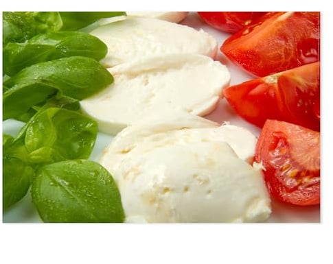 Postereck - 0109 - Mozzarella, Tomate Basilikum Italien Küche Essen - Wandposter Fotoposter Bilder Wandbild Wandbilder - Leinwand - 100,0 cm x 75,0 cm
