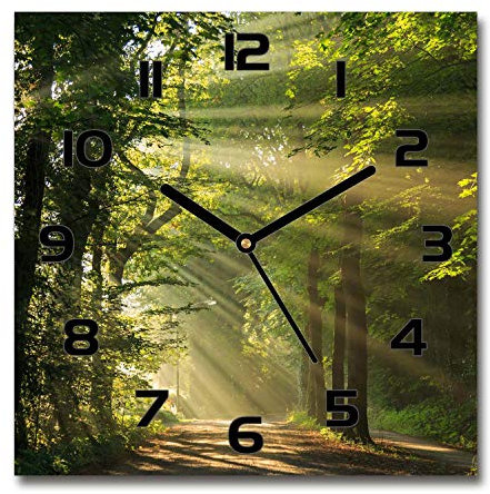 Tulup Glasuhr - 30x30cm - Schwarze Zeigern - Wanduhr Wandkunst Bild Gehärtetem Glas Uhr Echtglas Küche Wohnzimmer - Wald in der Sonne