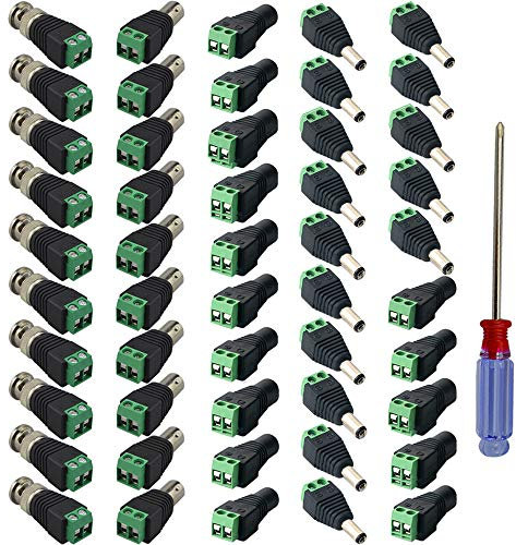 QitinDasen 15 Pairs 2.1 X 5.5mm 12V DC Power Male Female Connector + 10 Pairs Male Female BNC Video Balun Connector, With Phillips Screwdriver