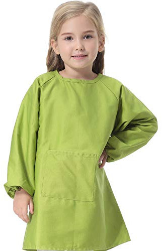 Baumwolle Malkittel Kinder, Taschenschürze mit Langen Ärmeln, abwaschbar Kinderschürze, Bastelkittel für Kinder, Kunstkittel für Malen Kochen Backen (Small,Grün)