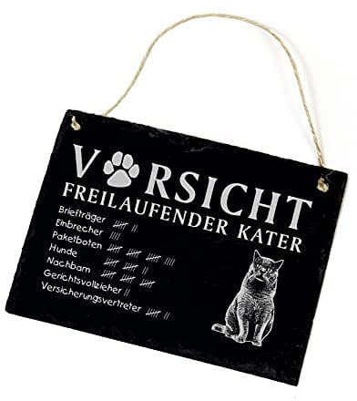 Katze Schild Schiefer graviert - Vorsicht Freilaufender Kater - Warnschild Geschenk 22 x 16 cm