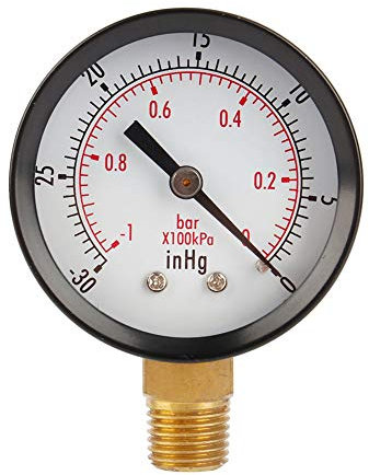 Gancon Vacuum Pressure Gauge, 1/4in NPT Bottom Mount, 2in Dual Scale Dial, 30inHg to 0/-1 to 0 Bar, Copper Alloy, 4/3/4% Accuracy, for Air Compressor Water Oil Gas