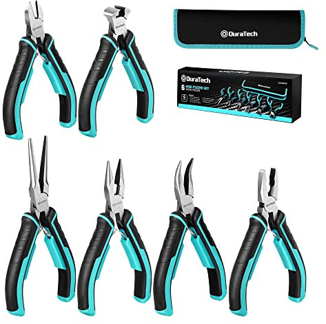 DURATECH Mini Pliers Set, 6PCS Jewelry Pliers Set, CRV Construction, Includes Needle Nose, Diagonal, Long Nose, Bent Nose, End Cutting and Linesman Pliers, for Making Crafts, Repairing Electronic