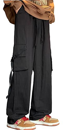 Arynna Goth Baggy Cargohose mit Taschen für Herren und Damen, Y2K, gerades Bein, lässige Streetwear, lose Hose, Schwarz 3, M