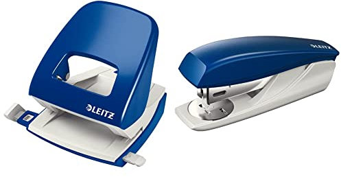 Leitz Büro Locher aus Metall, Für 30 Blatt, Anschlagschiene mit Formatangaben, Ergonomisches Design, blau, 50080035 & Kleines Büroheftgerät, Für 25 Blatt, Ergonomische Form, Blau