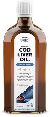 Osavi Norwegian Cod Liver Oil 1000 mg Omega 3 – 250 ml | Orange Flavor | DHA & EPA for Heart, Brain & Vision Health | Supports Immune Function | Sourced from Wild Atlantic Cod