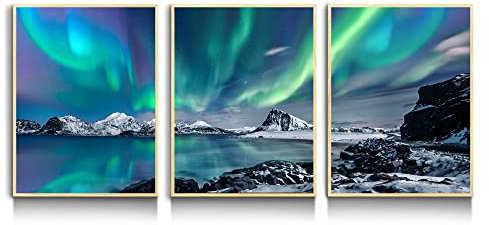 hyidecorart Nordlichter Bilder Mit Rahmen Holz, Grün Polarlicht Sternenhimmel Bild auf Leinwand, Modern Natur Aurora Landschaft Wandbilder Wohnzimmer Schlafzimmer Küche Esszimmer und Badezimmer