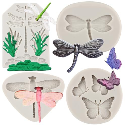Sijiangmold Set di 4 stampi in silicone a forma di libellula in 3D, a forma di farfalla, fondente, erba, caramelle, cioccolato, per decorare torte, argilla polimerica