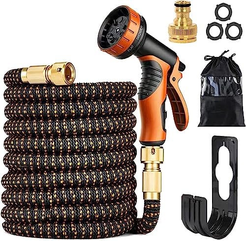 Expandable Garden Hose with 10 Modes Water Spray Gun,3/4&1/2 Solid Brass Connectors, Durable 3450D Weave, Garden Hose Reel,No-Kink Flexible Magic Water Pipe(50Ft/15m)