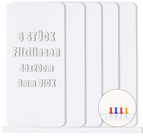 6 Stück Filz Pinnwand Korkplatte Bulletin Board Tiles - Filz-Pinnwandfliesen mit selbstklebender Rückseite für Wände, Vision Board für Zuhause, Büro, Schule, Pinnwanddekorationen, 43x20 cm, Weiß.