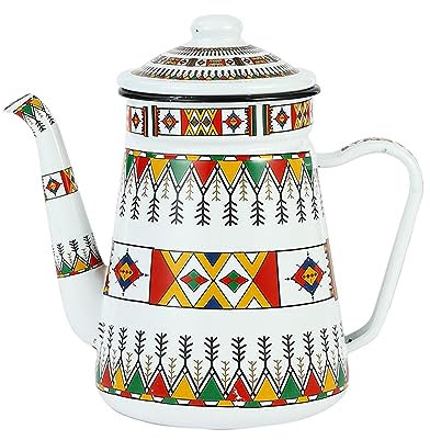 Milageto Enamel Coffee Pot, Floral Hot Water Boiler Pot with Handle, Water Pot, Vintage Enamel Teapot, White 1.2L